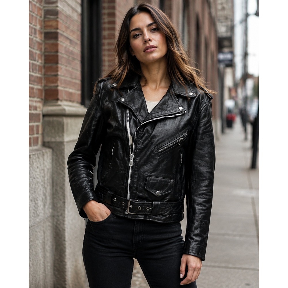 Vintage UNIK International Black Leather Moto Jacket Belted Biker S